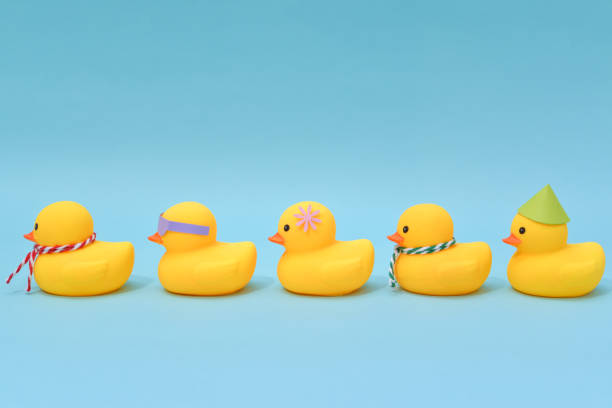 Diversity concept, difference rubber ducks manage to line up.